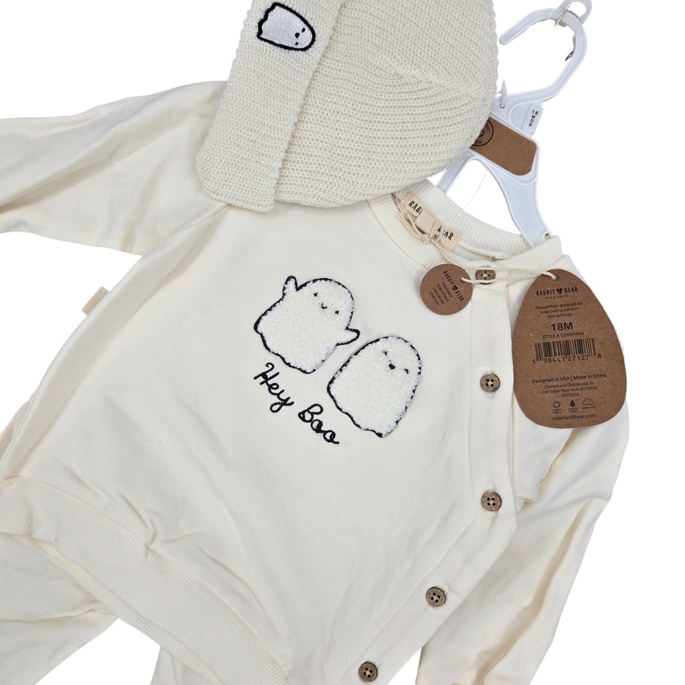 Rabbit‎ & Bear NEW 18M Ghost Hey Boo Sweatshirt Joggers Beanie Set Unisex Cream